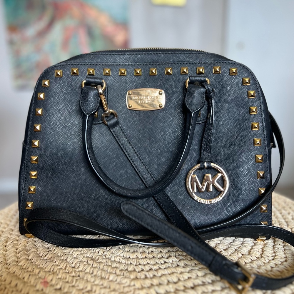 Michael Kors black and gold studded medium leather tote